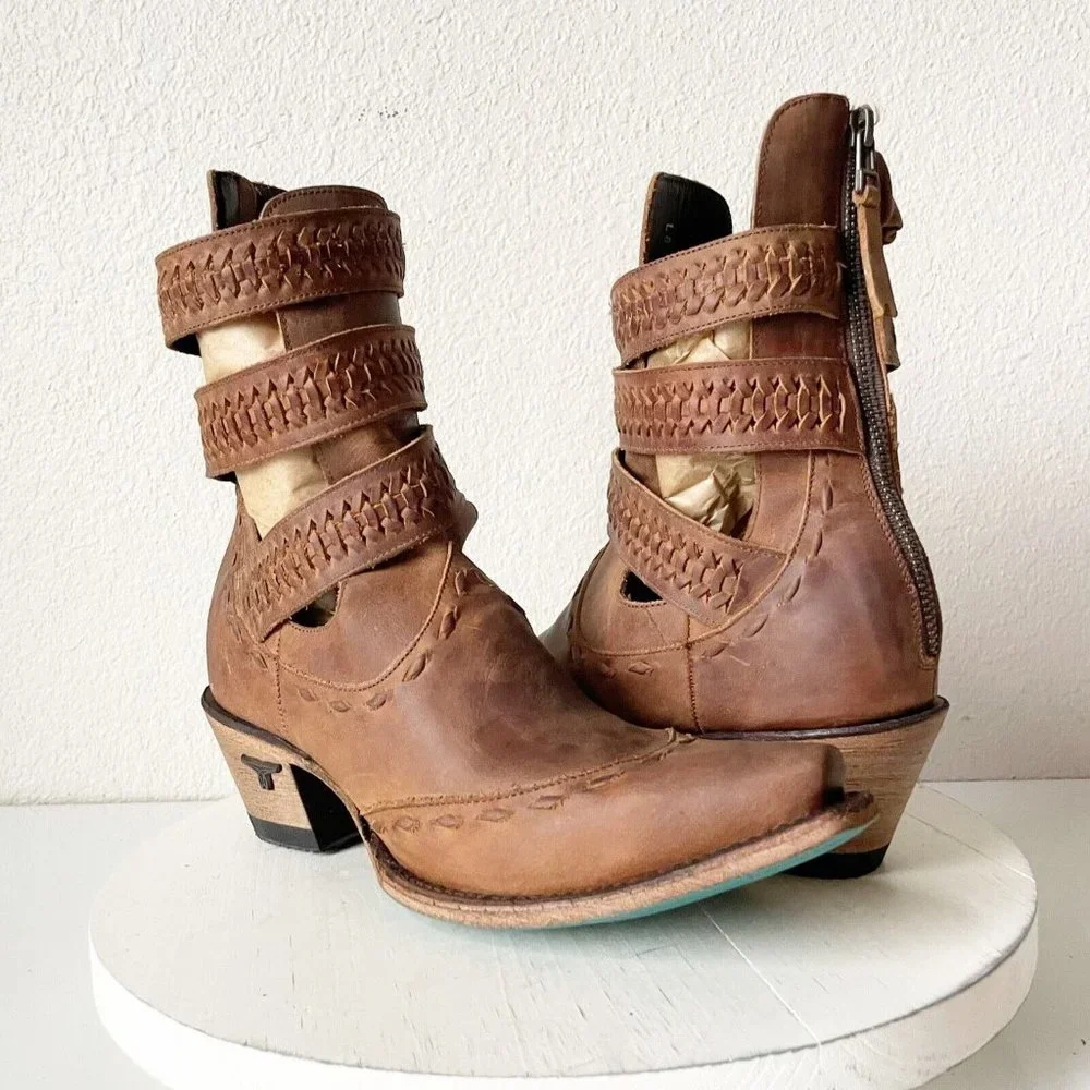 LANE Leather Strappy Ankle Cowboy Boots